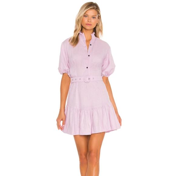 SWF Belted Mini Shirt Dress S Short Balloon Sleeve Button Front Purple NWD